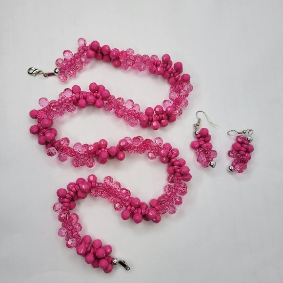 PINK and Glassy Pink Faceted Bead Cluster Necklace and Earrings Set - Picture 5 of 9